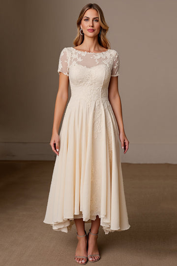 Apricot A Line Short Sleeves Long Mother of the Bride Dress with Appliques